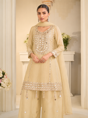 Beige simmar silk readymade plazzo suit with embroidery & mirror work 2