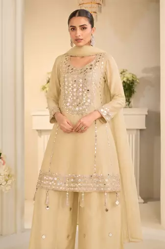 Beige simmar silk readymade plazzo suit with embroidery & mirror work