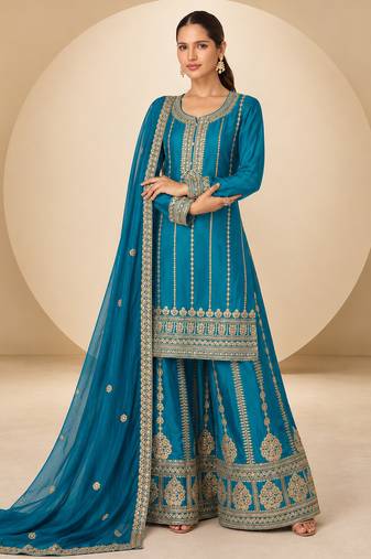 Blue chinon readymade plazzo suit with embroidery Sequin work