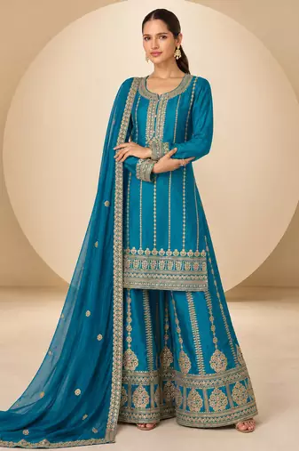 Blue chinon readymade plazzo suit with embroidery sequence work