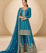 Blue chinon readymade plazzo suit with embroidery sequence work
