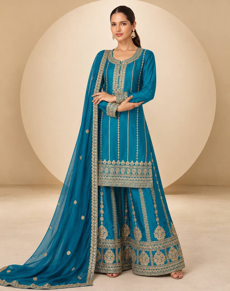 Blue chinon readymade plazzo suit with embroidery sequence work