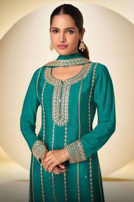 Blue chinon readymade plazzo suit with embroidery sequence work 2
