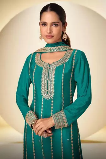 Blue chinon readymade plazzo suit with embroidery sequence work