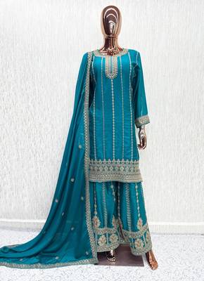 Blue chinon readymade plazzo suit with embroidery sequence work 3