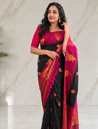 black color zari weaves motifs in border and contrast pallu and designer chaap border silk blend saree