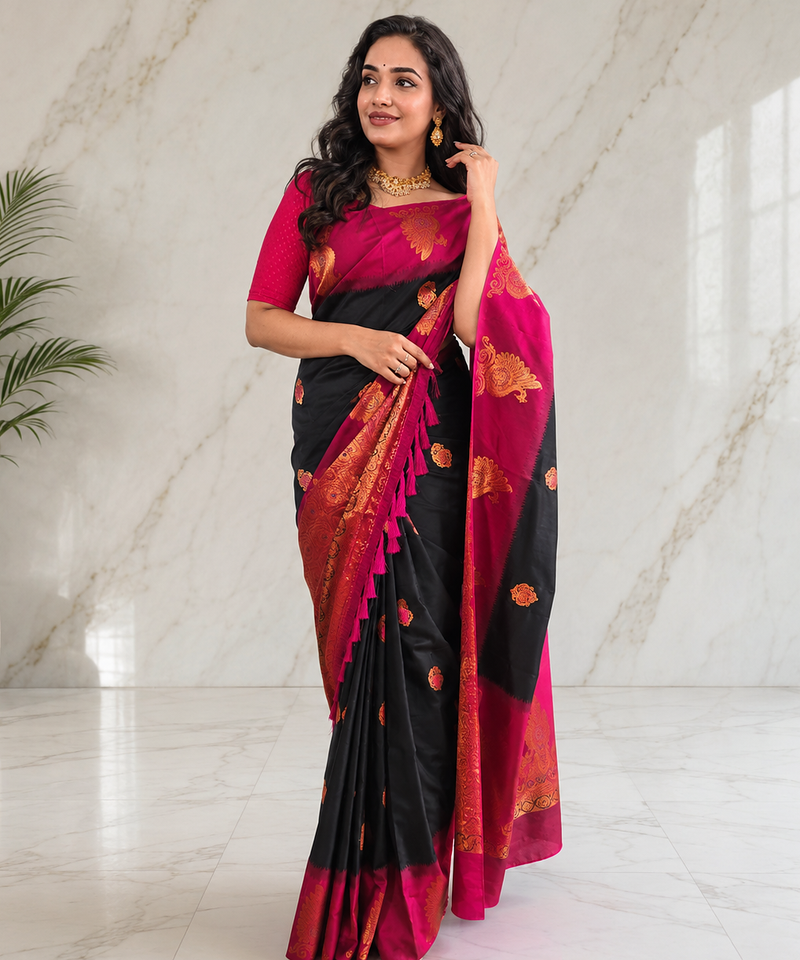 black color zari weaves motifs in border and contrast pallu and designer chaap border silk blend saree
