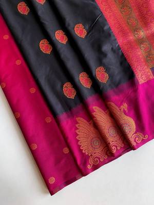 black color zari weaves motifs in border and contrast pallu and designer chaap border silk blend saree 3