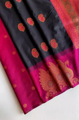 black color zari weaves motifs in border and contrast pallu and designer chaap border silk blend saree