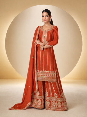 Orange chinon readymade plazzo suit with embroidery sequence work 1