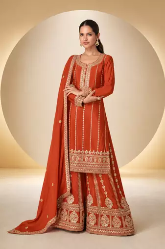 Orange chinon readymade plazzo suit with embroidery sequence work