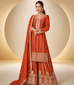Orange chinon readymade plazzo suit with embroidery sequence work