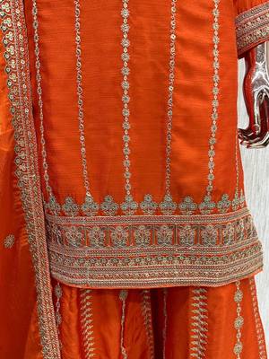 Orange chinon readymade plazzo suit with embroidery sequence work 2