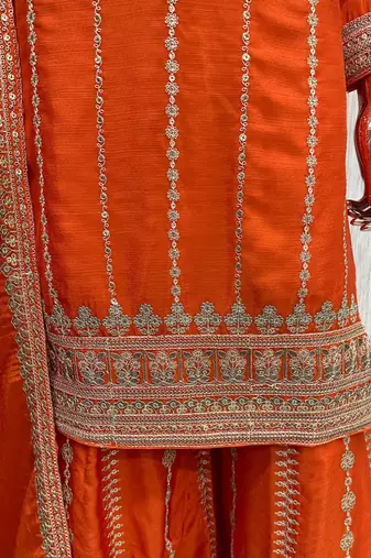 Orange chinon readymade plazzo suit with embroidery sequence work