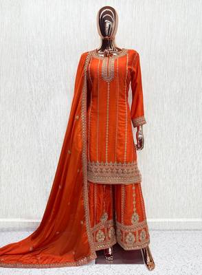 Orange chinon readymade plazzo suit with embroidery sequence work 3