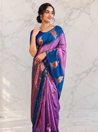 lavender color zari weaves motifs in border and contrast pallu and designer chaap border silk blend saree