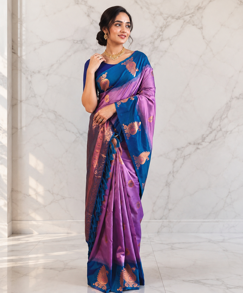 lavender color zari weaves motifs in border and contrast pallu and designer chaap border silk blend saree