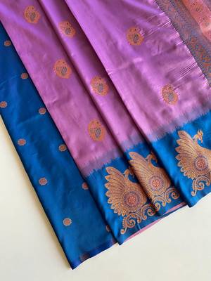 lavender color zari weaves motifs in border and contrast pallu and designer chaap border silk blend saree 3