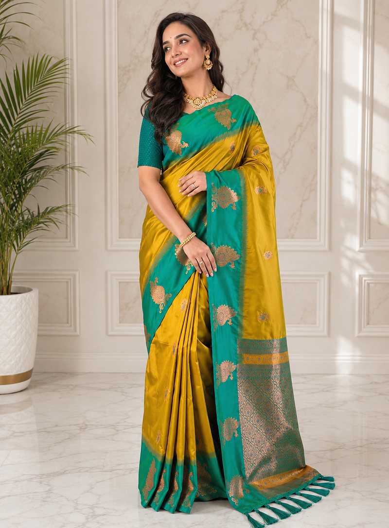 mustard yellow color zari weaves motifs in border and contrast pallu and designer chaap border silk blend saree