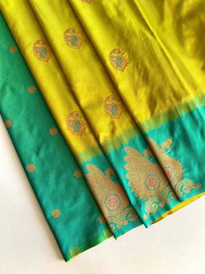 mustard yellow color zari weaves motifs in border and contrast pallu and designer chaap border silk blend saree 3