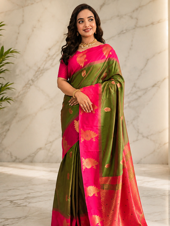 olive green color zari weaves motifs in border and contrast pallu and designer chaap border silk blend saree