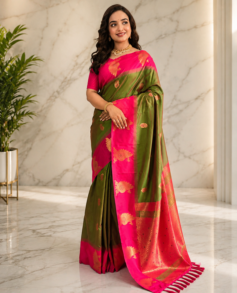 olive green color zari weaves motifs in border and contrast pallu and designer chaap border silk blend saree