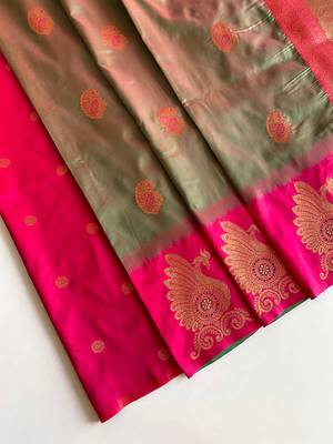 olive green color zari weaves motifs in border and contrast pallu and designer chaap border silk blend saree 3
