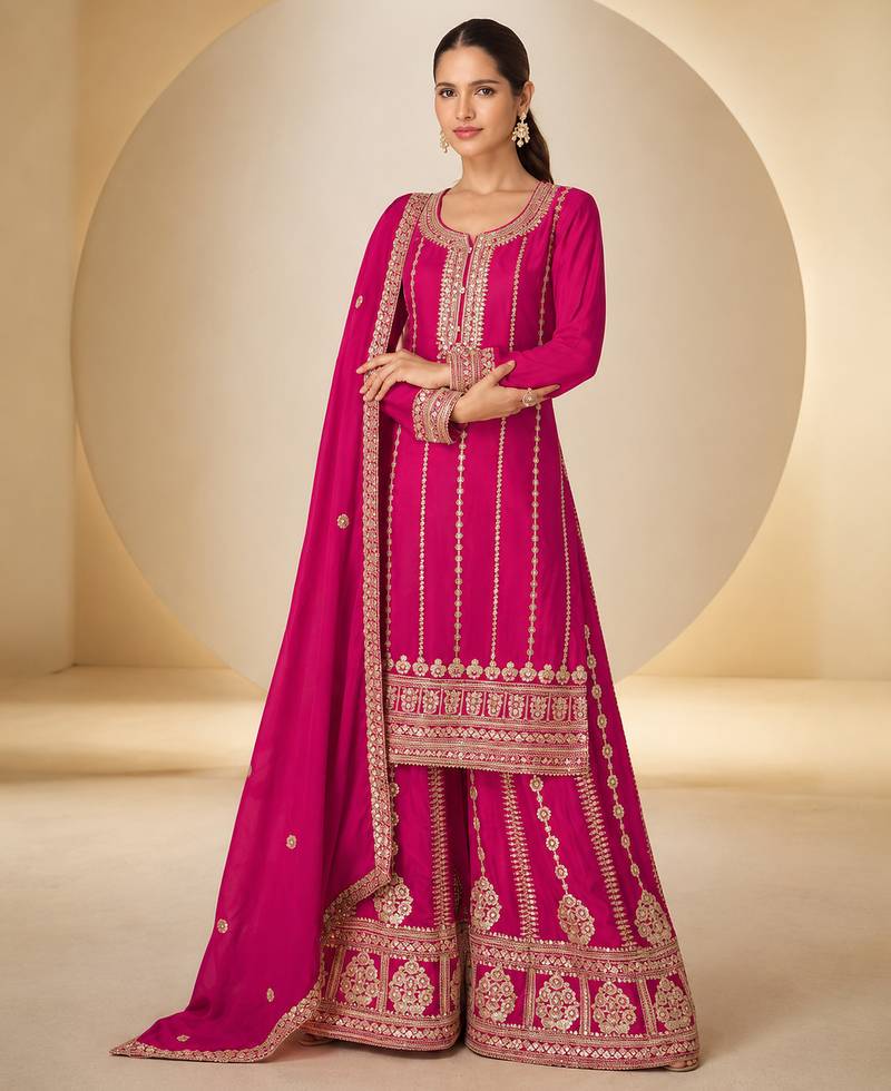 Rani chinon readymade plazzo suit with embroidery sequence work