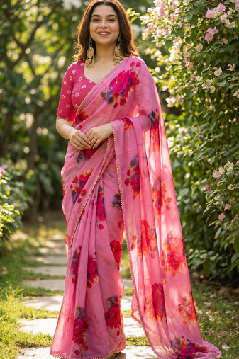 Pink georgette printed saree with floral print