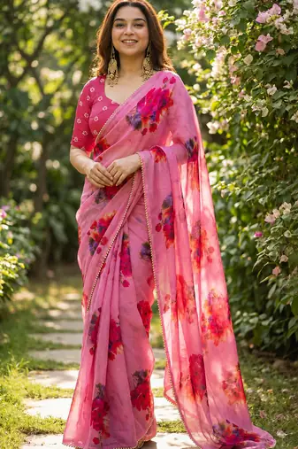 Pink georgette printed saree with floral print