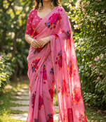 Pink georgette printed saree with floral print