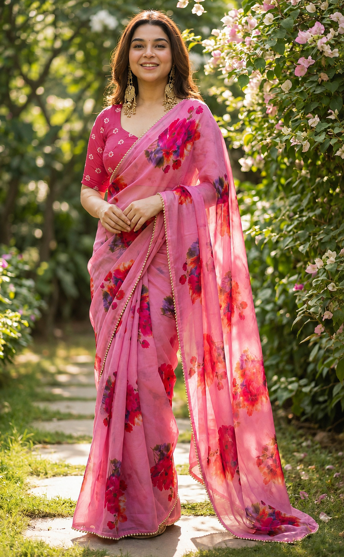 Pink georgette printed saree with floral print