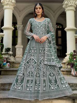 D green net readymade anarkali suit with dimaond & embroidery work 1