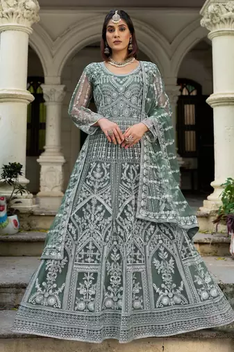 D green net readymade anarkali suit with dimaond & embroidery work