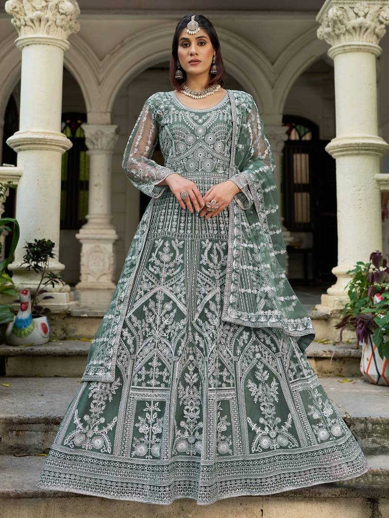 D green net readymade anarkali suit with dimaond & embroidery work