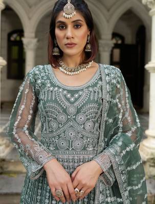 D green net readymade anarkali suit with dimaond & embroidery work 2