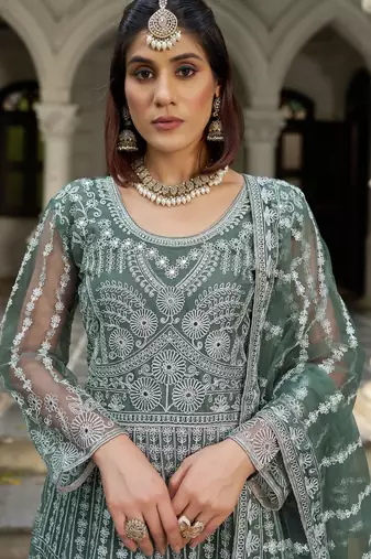 D green net readymade anarkali suit with dimaond & embroidery work