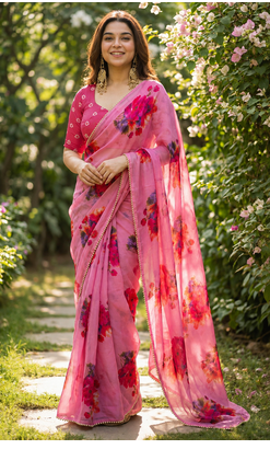 Pink georgette printed saree with floral print 2