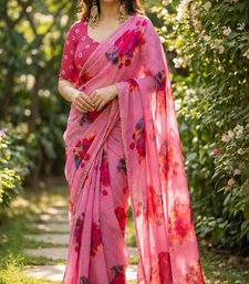 Pink georgette printed saree with floral print