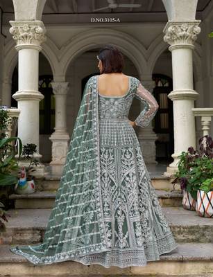 D green net readymade anarkali suit with dimaond & embroidery work 3