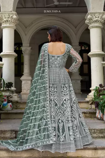 D green net readymade anarkali suit with dimaond & embroidery work