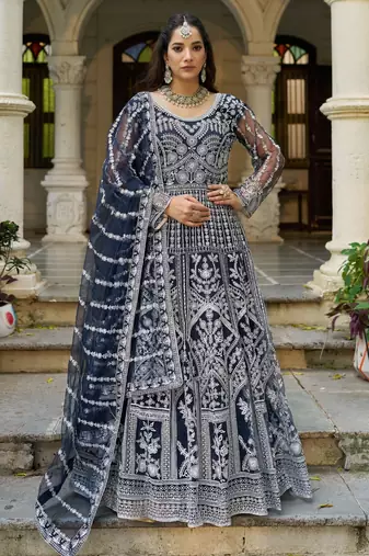 Navy net readymade anarkali suit with dimaond & embroidery work