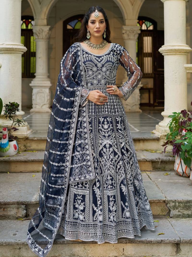 Navy net readymade anarkali suit with dimaond & embroidery work
