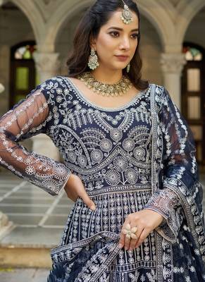 Navy net readymade anarkali suit with dimaond & embroidery work 2