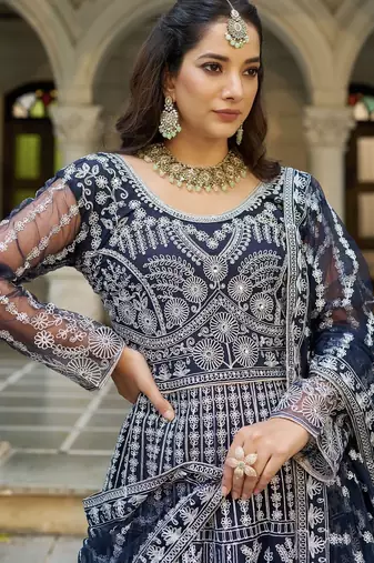 Navy net readymade anarkali suit with dimaond & embroidery work