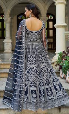 Navy net readymade anarkali suit with dimaond & embroidery work 3