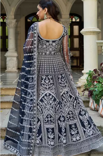 Navy net readymade anarkali suit with dimaond & embroidery work