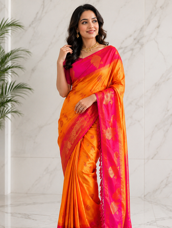 orange color zari weaves motifs in border and contrast pallu and designer chaap border silk blend saree