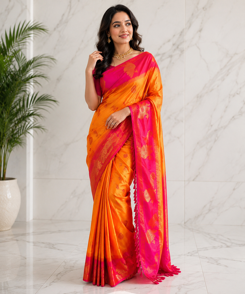 orange color zari weaves motifs in border and contrast pallu and designer chaap border silk blend saree