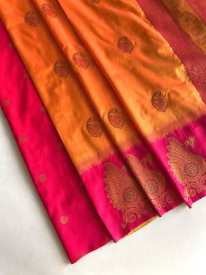 orange color zari weaves motifs in border and contrast pallu and designer chaap border silk blend saree 3
